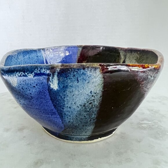 Artisan Signed Studio Pottery Bowl Altered Wheel Thrown Multicolor Drip Glaze A - Picture 2 of 11